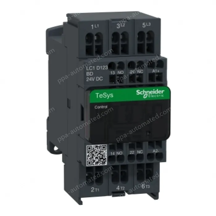LC1D123BD IEC contactor, TeSys Deca, nonreversing, 12A, 7.5HP at 480VAC, 3 phase, 3 pole, 3 NO, 24VDC coil, open style