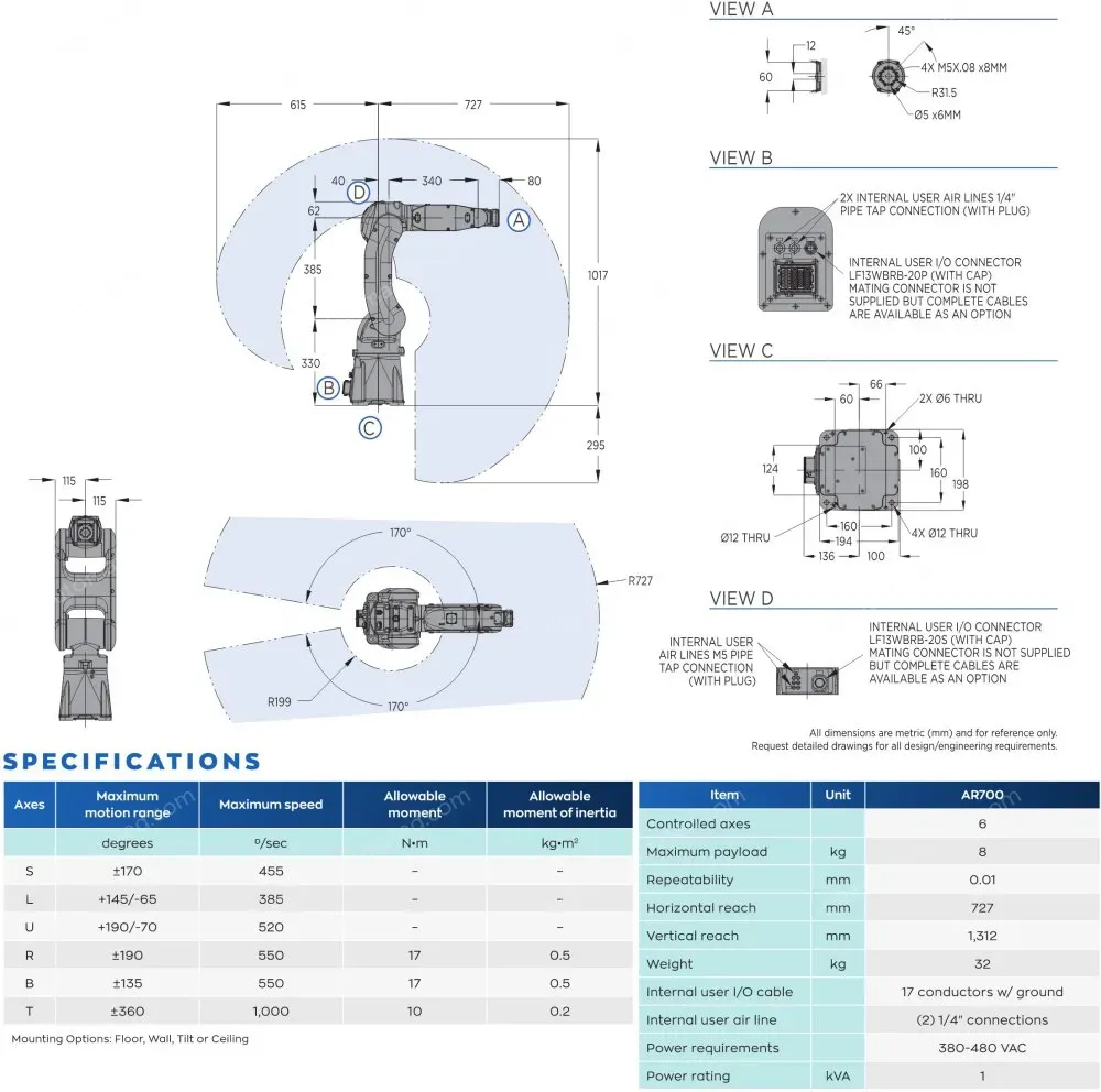 AR700 robot spec diagram